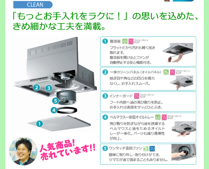 CLEAN 「もっとお手入れをラクに！」の思いを込めたきめ細やか工夫を満載。人気商品！売れています!!