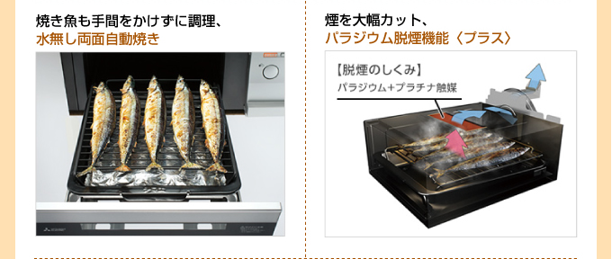 焼き魚も手間をかけずに調理、水無し両面自動焼き 煙を大幅カット、バラジウム脱煙機能プラス