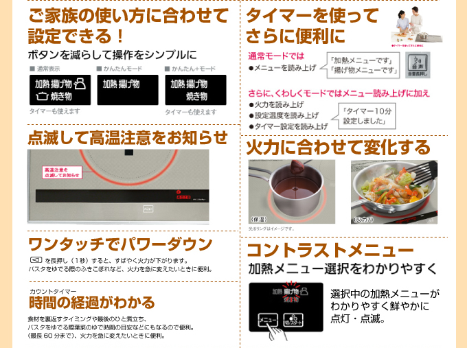 IHコンロパネルの使い方、設定、メニュー、タイマーなど