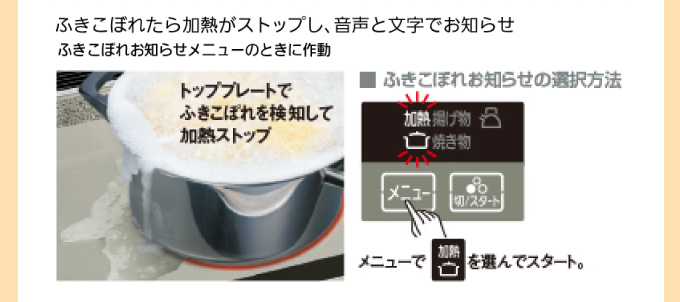 ふきこぼれたら加熱がストップし、音声と文字でお知らせ。