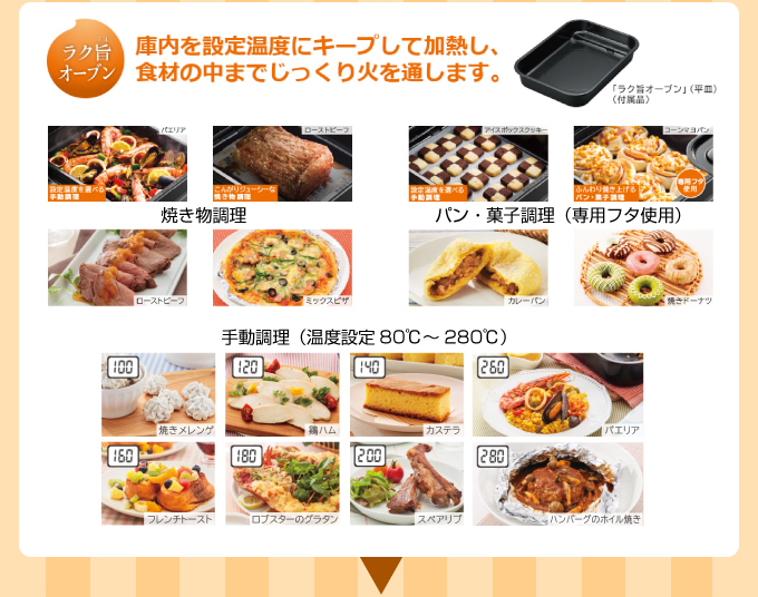 庫内を設定温度にキープして加熱し、食材の中までじっくり火を通します