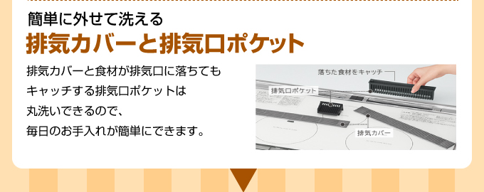 簡単に外せて洗える排気カバーと排気口ポケット